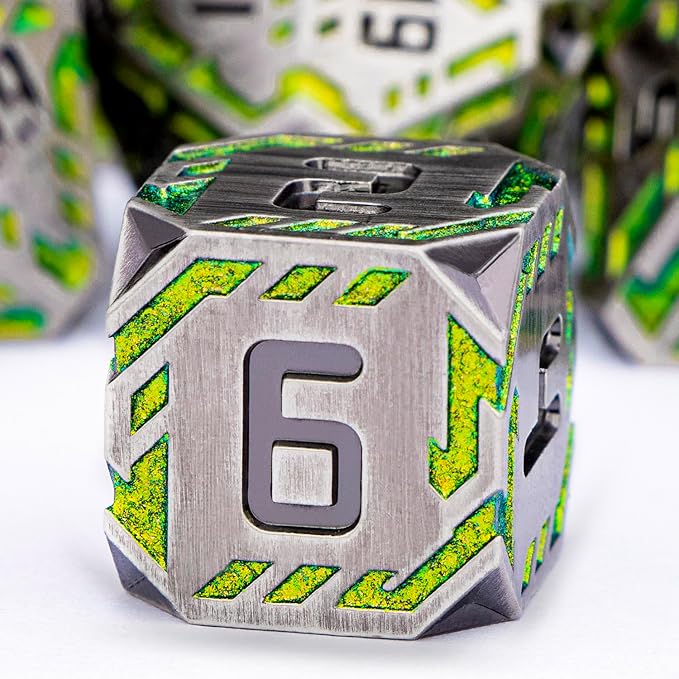 Metal DND Sci-fi Dice Set 7PCS Stripe Polyhedral Dice for Dungeons Dragons RPG Role Playing Game, Glitter D and D Dice with Gift Box D6 D8 D10 D12 D20 (Grey&Green Yellow)