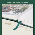 Beechmore Books A3 Sketchbook – 11.7x16.5 Premium Vegan Leather Bound Large Sketch Book Hardcover with 160 Thick 160gsm Perforated Ivory Pages, Blank Sketch Pad Gift Boxed Back Pocket Ribbon Bookmark