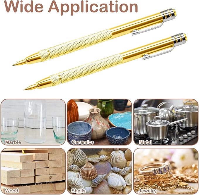 2 Pcs Tungsten Carbide Tip Scriber With 12 Replacement Marking Tip, Aluminium Magnet Carbide Scribe Tool etching Scribe Pen With Clip, Metal Engraving Pen for Glass / Ceramics / Hardened Steel(Gold)