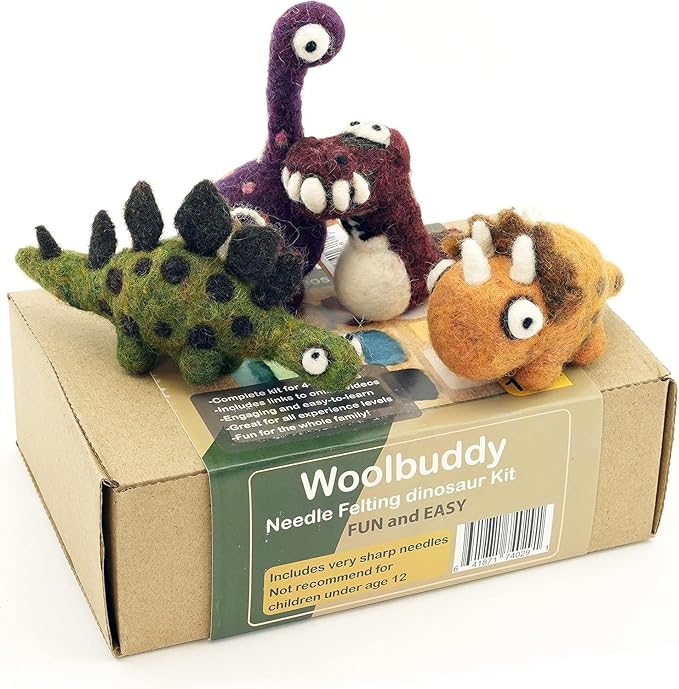 Woolbuddy Needle Felting Kit - Felted Dinosaurs for Beginners, Adults & Kids, Includes Wool, Pad, 4 Needles, and Instructions