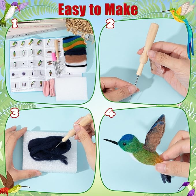 WATINC Needle Felting Kit - 3 Set Unique Different Cute Doll Wool Felt Needle Tools Foam Pad Instruction, DIY Home Decoration Craft Party Supplies for Art Work Starter Beginners (Hummingbird)
