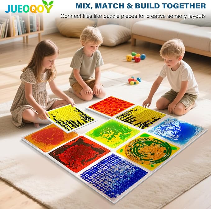 Liquid Sensory Floor Tile for Kids Ages 3+, 12" Textured Step-On Tile with Non-Slip Base, Interactive Color-Flow, Yellow-Black, for Calm Corners (1-Pack)