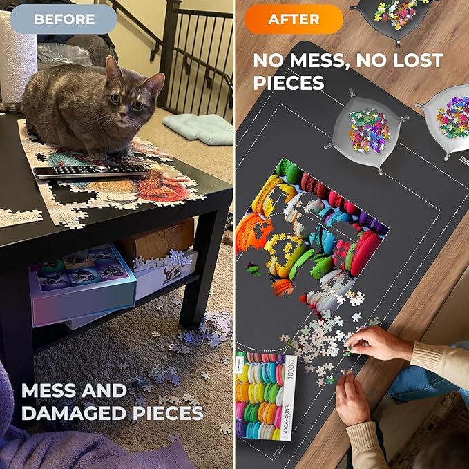 Newverest Jigsaw Puzzle Mat Roll Up, Saver Pad 55” x 35.5” Portable Keeper Up to 3000 Pieces with Non-Slip Rubber Bottom and Polyester Top + 3 Puzzle Sorting Trays, Travel-Friendly Storage Bag