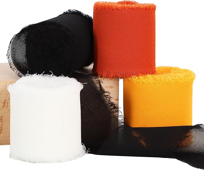 TONIFUL 4 Rolls Black & Orange Chiffon Ribbon 1 1/2 inch× 5.5 Yards Ribbon Fabric Silk Ribbon for Gift Wrapping Wedding Party Decoration Flower Bouquet Wrapping Bows Making DIY Crafts