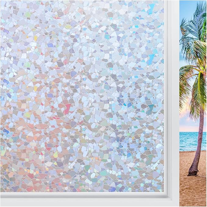 rabbitgoo Rainbow Window Privacy Film Decorative Stained Glass Diamond Pattern Window Sticker with Iridescent Tint Non-Adhesive Static Cling for Home Office Crystal Pattern, 17.5 x78.7 inch