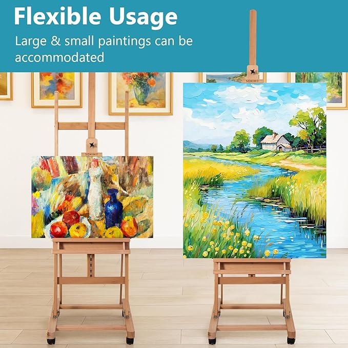 H-Frame Studio Easel, Beechwood Artist Easel with Wheels and Storage Tray, Adjustable Floor Easel Stand Holding Canvas up to 51Inches for Painting, Natural