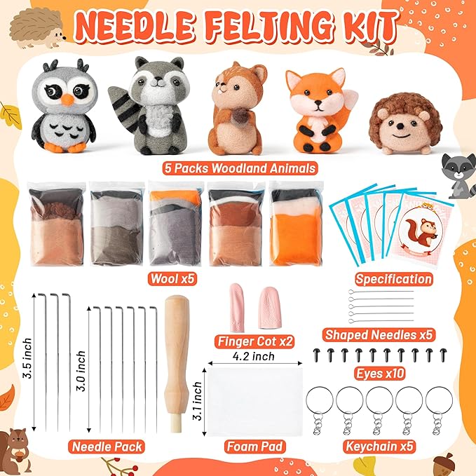 WATINC Needle Felting Kit - 5 Set Unique Different Cute Doll Wool Felt Needle Tools Foam Pad Instruction, DIY Home Decoration Craft Party Supplies for Art Work Starter Beginners (Woodland Animal)