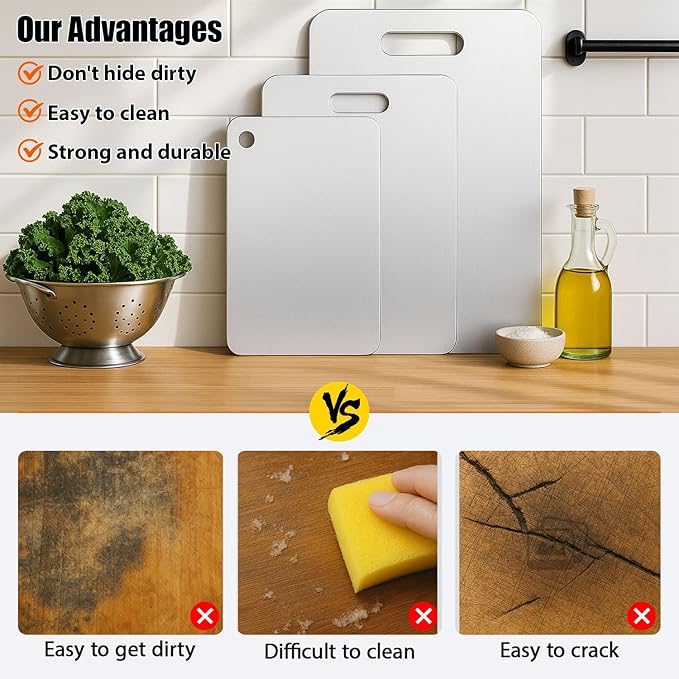 Titanium Cutting Board Set of 3, 100% Pure Titanium Chopping Board for Kitchen, Hygiene & Durability Double Sided Cutting Board, Non toxic 3Pcs Chopping Board, Dishwasher Safe (S+M+L)