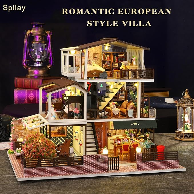Spilay Dollhouse DIY Miniature Wooden Furniture Kit,Mini Handmade Big Castle Model,1:24 Scale Creative Doll House Toys for Adult Gift