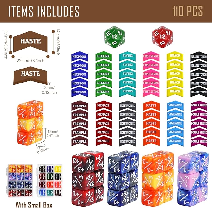 110PCS MTG Keywords Tokens & 12mm Dice Counter for Magic The Gatering, Bulk Ability Tokens MTG Life Counters D20 Loyalty 6 Sided Dice, Compatible with TCG CCG Magic Card Gaming Accessories