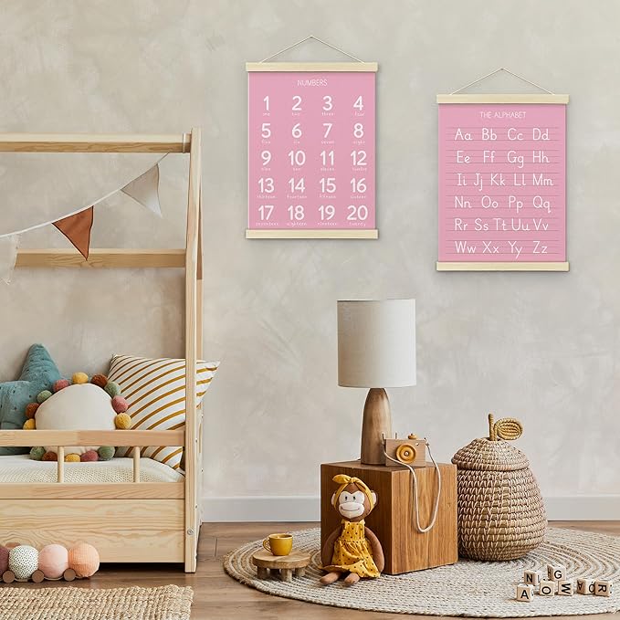 BONETAT Numbers alphabet poster for Nursery Toddlers,Correct Letter Formation on Line Paper, Play Room Wall Decor,ABC Wall Chart,Preschool Homeschool Decor Kids Wall Decor,Wooden Alphabet Banner-A08