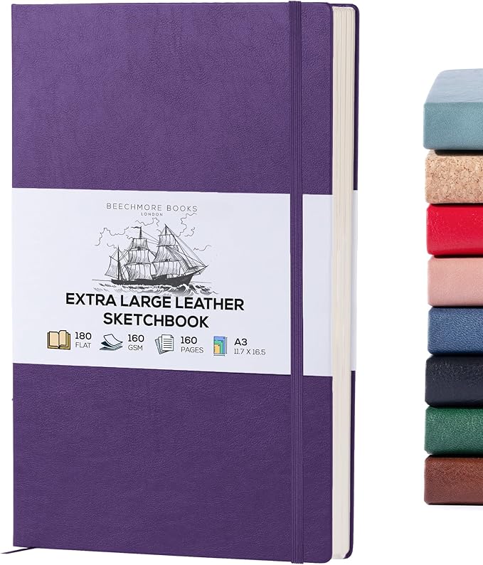 Beechmore Books A3 Sketchbook – 11.7x16.5 Premium Vegan Leather Bound Extra Large Sketch Book Hardcover, 160gsm 160 Perforated Ivory Pages, Blank Sketch Pad, Gift Boxed, Back Pocket, Ribbon Bookmark