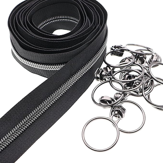 Leekayer #5 Black Nickel Metallic Nylon Coil Teeth Zippers by The Yard Bulk 10 Yards Black Zipper Tape with 25pcs Black Nickel Ring Pull Sliders for DIY Sewing Tailor Craft Bag(Black)