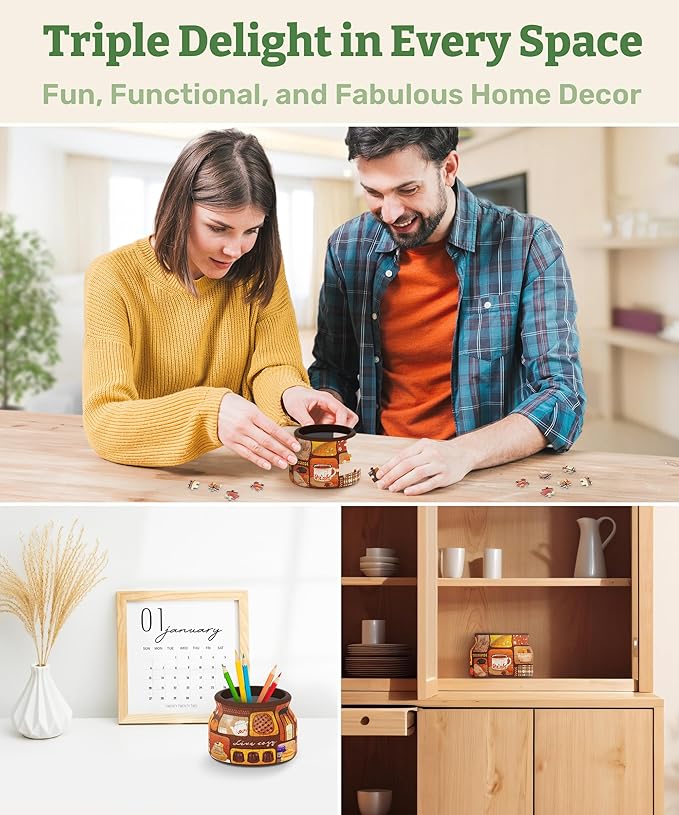 PieceRelax 3D Puzzle Jar 64 Plastic Pieces for Adults - Live Cozy - Wooden Lid Container for Kitchen Dining Study Living Room No Glue Requied Small [BC1021]