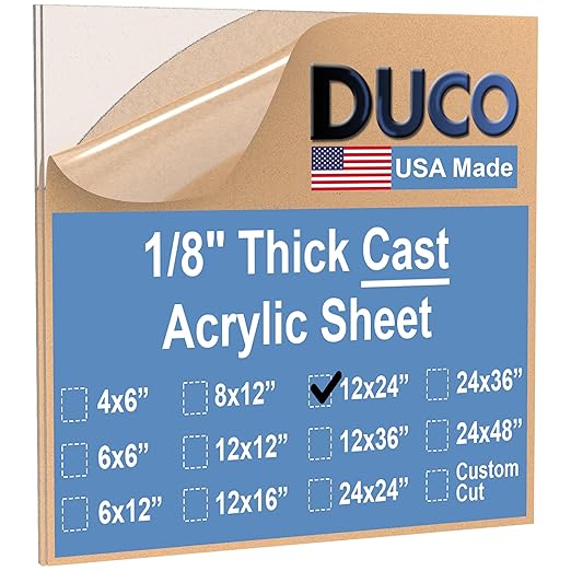 Duco USA-Made Clear Cast Acrylic Sheet 1/8 Inch Thick 12" x 24" - 2 Pack of Transparent Plexiglass Sheet - Lightweight Acrylic Board for Window Replacements, Displays, Signs, and More