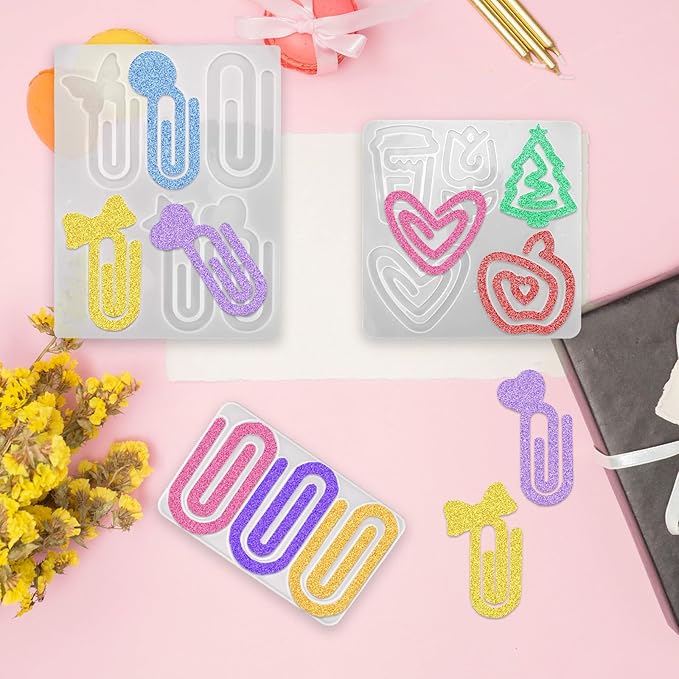 3pcs Paperclip Bookmarks Mold, Jumbo Paper Clips Bookmarks Silicone Mold with Multiple Style Epoxy Heart Resin Casting Mould Butterfly Making Supplies for DIY Crafts Book Lovers Gift