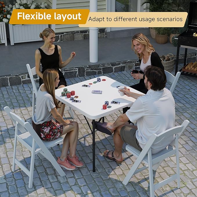 34" Square Folding Table, Portable Plastic Card Table with Handle and Removable Legs for Indoor Outdoor Picnic Party Dining Camping Wedding