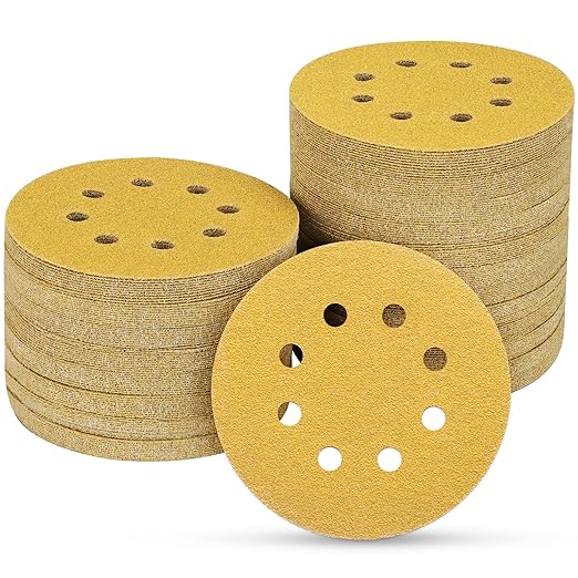 100PCS 5 Inch 8 Hole Sanding Discs 100 Grit,Gold Round Hook and Loop Sandpaper for Random Orbital Sander