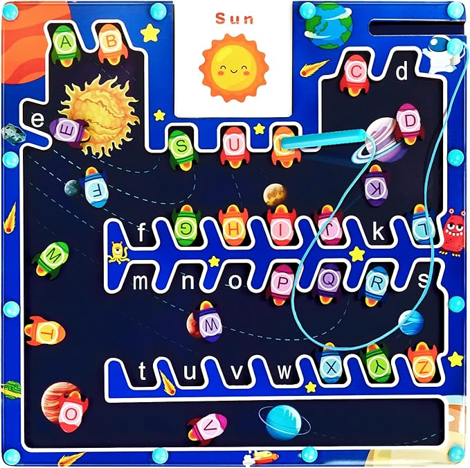 Magnetic Alphabet Maze Board - Letter Puzzle Rockets, Fine Motor Skills Toys for Toddlers 3+ Years, Montessori Sensory Toys for Girls & Boys