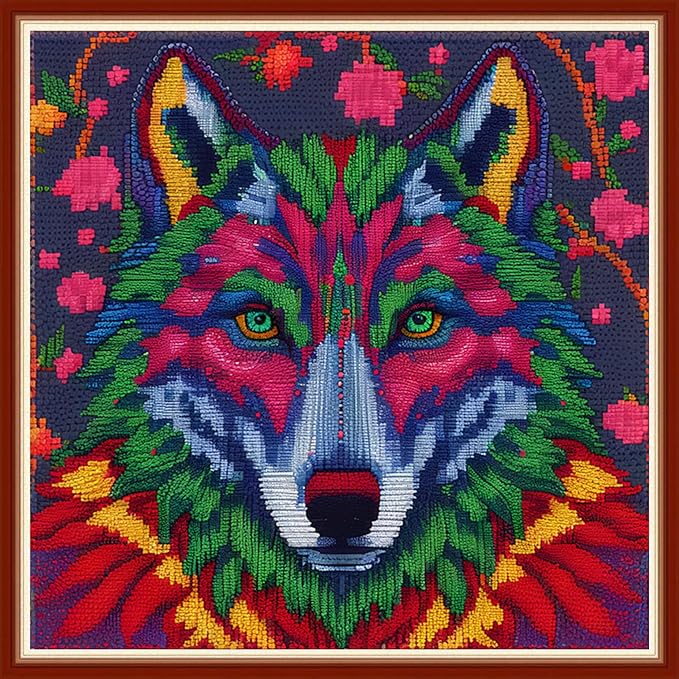 Dimensean Stamped Cross Stitch Kits Full Range of Embroidery Patterns Starter Kits for Beginners Adult or Kids DIY Cross Stitches Needlepoint Kits 11CT-Magic Wolf 17.7x17.7 inch