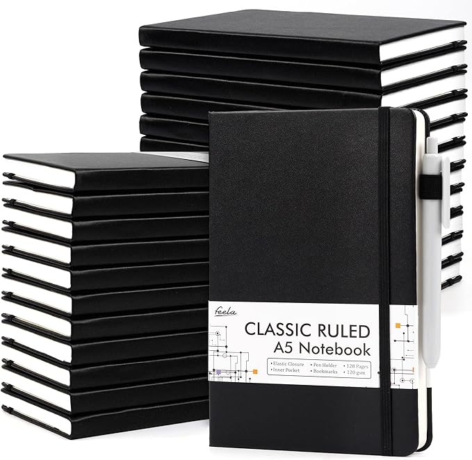 feela 24 Pack Journal Notebook for Work, Business Notebook Bulk Hardcover Lined Writing Journal with Pen Holder for Men Women Note Taking, with 24 Black Pens, 120 GSM, 5.1”x8.3”, A5, Black