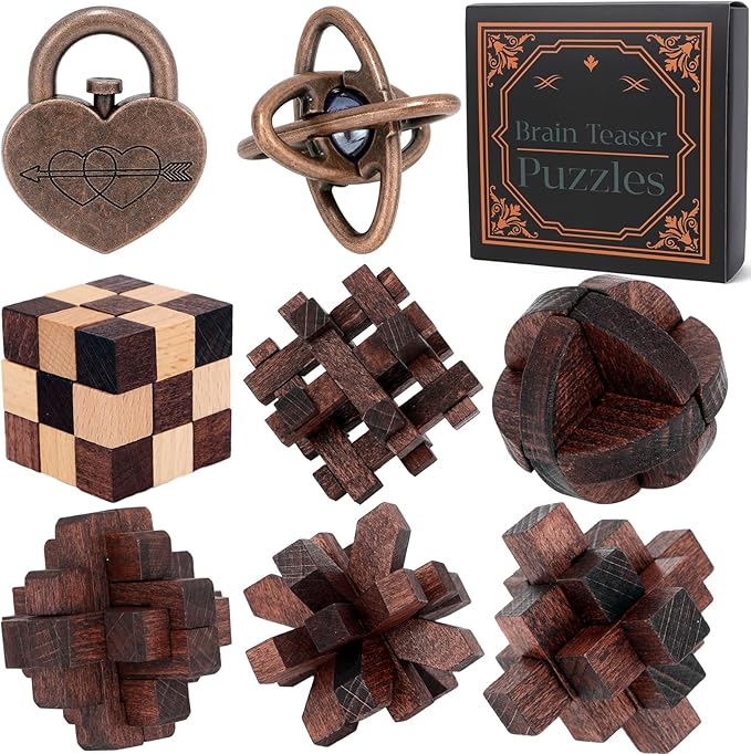 8 Pcs Brain Teaser Puzzles for Adults Teens - Metal Puzzles 3D Puzzle Game Toys for Adults Teens - Wooden Unlock Interlocking Puzzle Adult IQ Education Smart Toys
