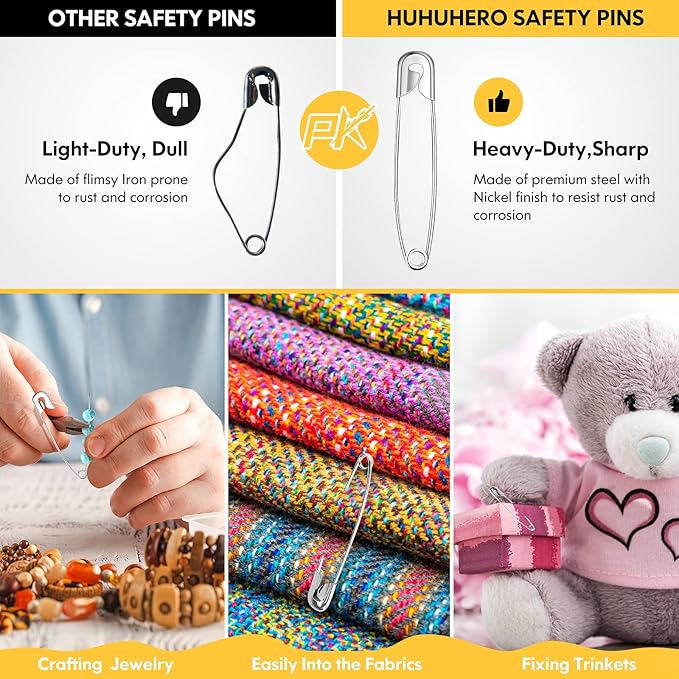 Huhuhero 340 Pack Safety Pins Assorted, Small & Large Heavy Duty Safety Pins for Clothes Costume Sewing, 5 Different Sizes Nickel Plated Steel Pin Bulk, Crafts Art Supplies, Silver