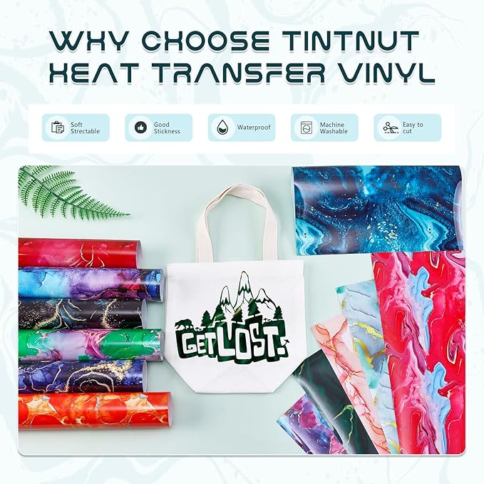 Tintnut Marble Heat Transfer Vinyl - 12 Sheets 10 x 12 Inch Bundles Watercolor Gold Pattern Iron on Vinyl Opal Ombre Print HTV Transfer DIY T-Shirt Gift Canvas Bag for Cricut or Silhouette Cameo