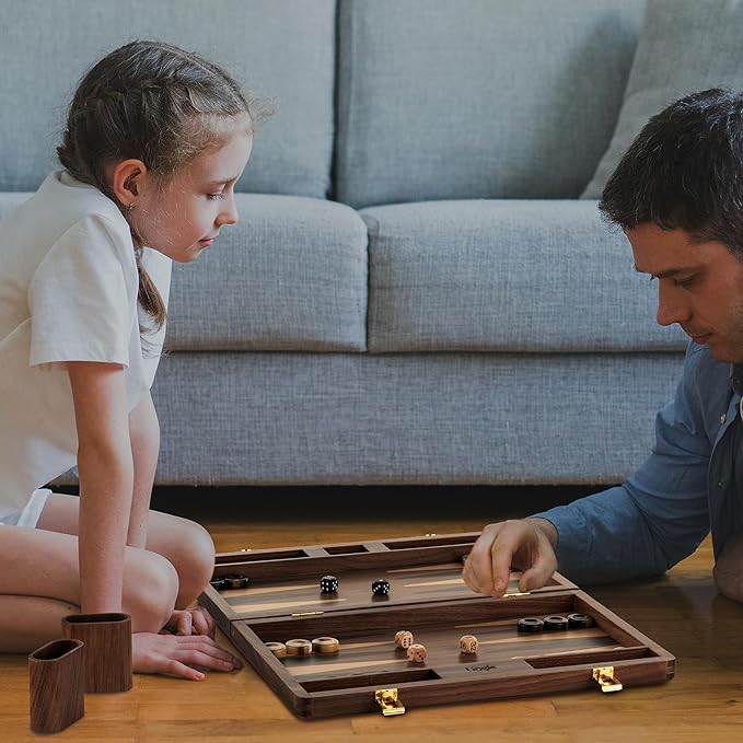 14.5” Premium Natural Walnut Folding Backgammon Sets for Adults and Kids, Including 30 Artificial Horn Checkers, 2 Walnut Dice Cups, and 5 Wooden Dice/Classic Two-Player Strategy Board