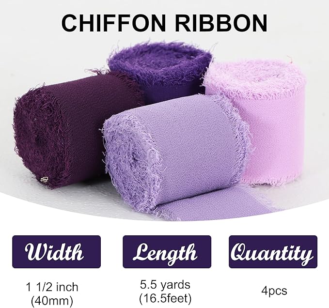TONIFUL 4 Rolls Drak Purple Set Chiffon Ribbon 1 1/2 inch× 5.5 Yards Ribbon Fabric Silk Ribbon for Gift Wrapping Wedding Party Decoration Flower Bouquet Wrapping Bows Making DIY Crafts