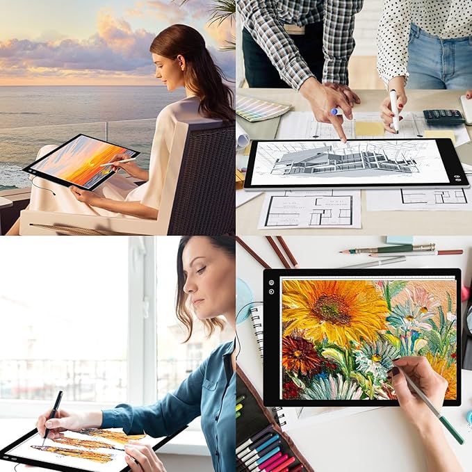Rechargeable A2 Light Pad, Wireless Battery Powered Artist Tracing Light Box, 3 Colors/6-Level/Stepless Adjusted Brightness Large Light Board for Diamond Painting, Cricut Weeding Vinyl, Art