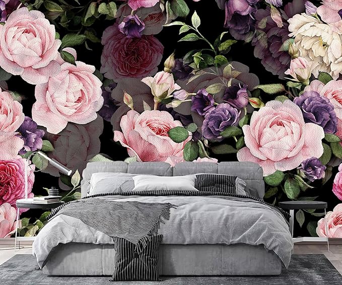 AFZEVEB-Black Watercolor Purple Peony Flower Wallpaper Wall murals for Bedroom 114"x74"(Not Peel and Stick)
