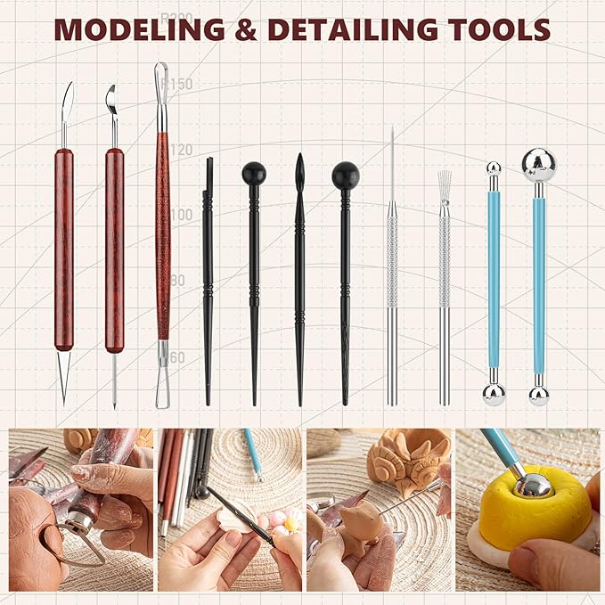 23PCS Clay Tools Sculpting, Ceramic & Pottery Modeling Tool, Ceramics Tools Set, Polymer Tools Kit, Air Dry Clay Tools for Carving, Molding, Pottery Wheel, Crafting Supplies, Pros, Beginners, Adults