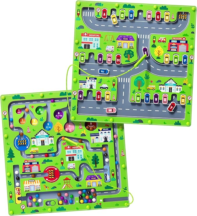 2 in 1 Magnetic Color and Number Maze Magnet Alphabet Counting Double Sided Board Wood Puzzle Fine Motor Skills Montessori Preschool Toys Gifts for Boys and Girls 3-5 Age (Big Car, One Size)