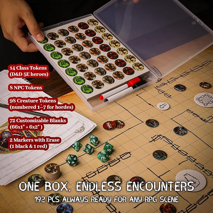 CZYY RPG Dry Erase Token Set - 192 PCS | Reusable Blank Tokens, Creature Tokens, 5E Class Characters with Maker Pens | Ideal for DND, Pathfinder, TTRPGs, MTG & Board Game