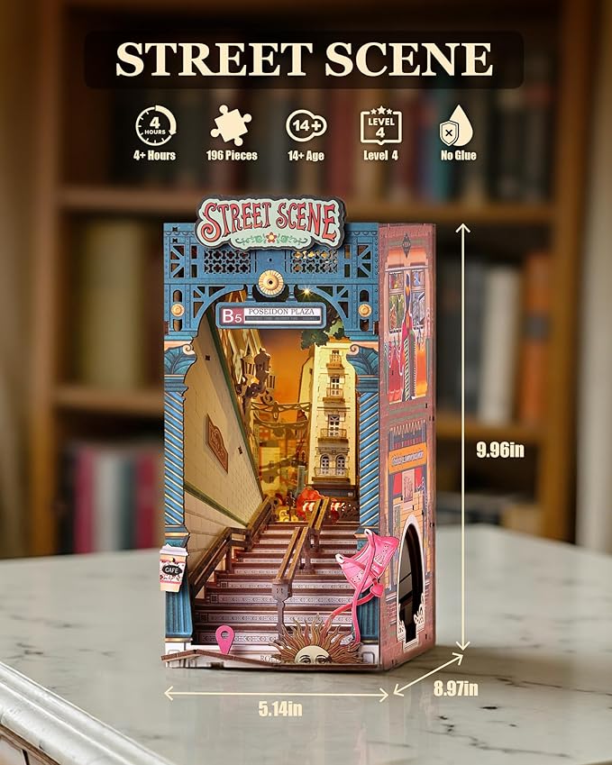 Rolife DIY Book Nook Kits for Adults, Miniature Dollhouse Booknook Kit, 3D Wooden Puzzle Creative Decorative Bookends Bookshelf Diorama Insert Crafts Hobbies Gifts (Street Scene)