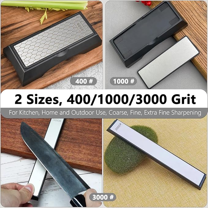 Diamond Sharpening Stone Set, Knife Sharpener Stone, Double-sided Coarse 400 / Fine 1000# | Extra Fine 3000 Grit, 2 Sizes Whetstone Tool with Non-Slip Base, Diamond Plate Honing Stone, Hone Sharpener