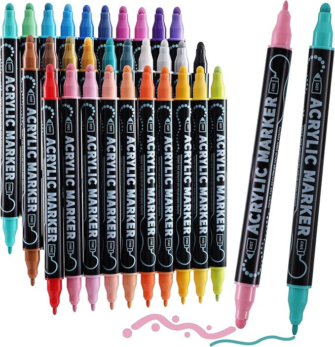 30 Colors Waterproof Dual Tip Acrylic Paint Pens, Dot & Fine Tip Premium Coloring Drawing Markers Set for Wood, Rock Painting, Canvas, Glass, Ceramic Surfaces and DIY Crafts Making Art Supplies