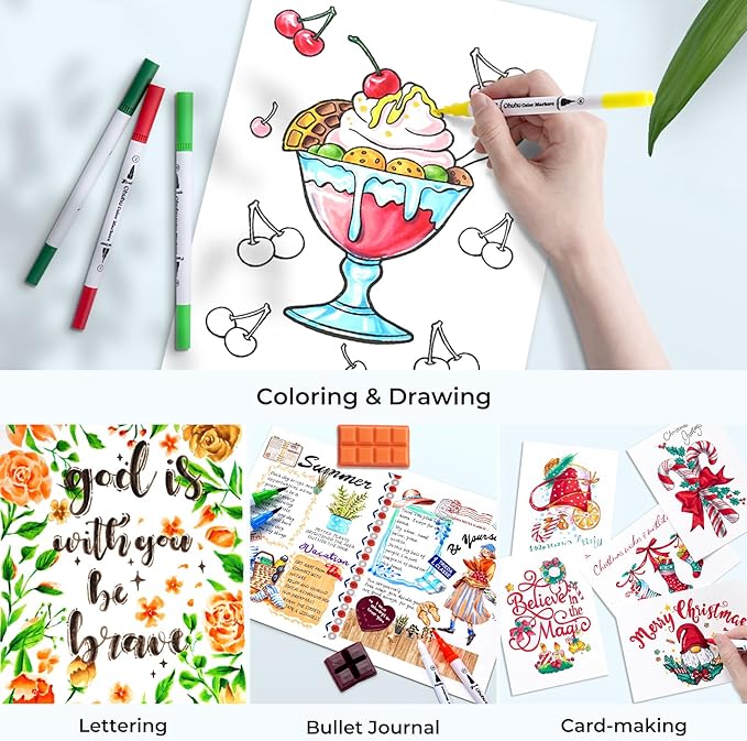 Ohuhu Markers for Adult Coloring Books No Bleeding 160 Colors Coloring Markers Water-based Dual Tips Fineliner & Brush Drawing Pens Art Pens for Kids Adults Sketch Journal - Maui - White