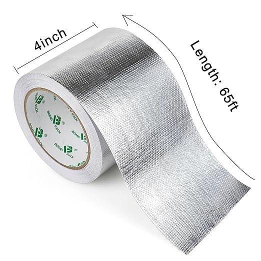 BOMEI PACK Adhesive Aluminum Foil Heat Shield Tape Barrier 4in x 66ft, Fiberglass Thermal Insulation Reflective Material High Temp