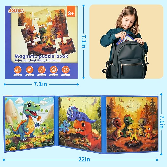 Magnetic Dinosaur Puzzles for Kids Ages 3-5 36PCS-3 Animal Themes Puzzles for Kids 4-6 Travel Puzzle for Airplane/Car/Road Trip/Gift Toys for 3-5 Year Old Girls and Boys