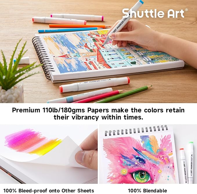 Shuttle Art Marker Pad, 12”x9” Portable Sketchbook, 70 Sheets Marker Drawing Paper, 110LB/180GSM Smooth Surface Bleedproof Art Paper, Spiral-Bound, Great for Artists to Draw, Paint & Sketch