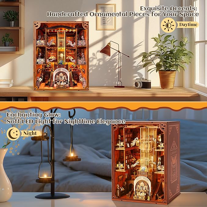 Book Nook Kit, Global Library Booknook with LED Light, DIY Miniature Dollhouse, Dual Power Options (Battery/Type-C), Unique Bookshelf Decor, Gift for Adults and Teens