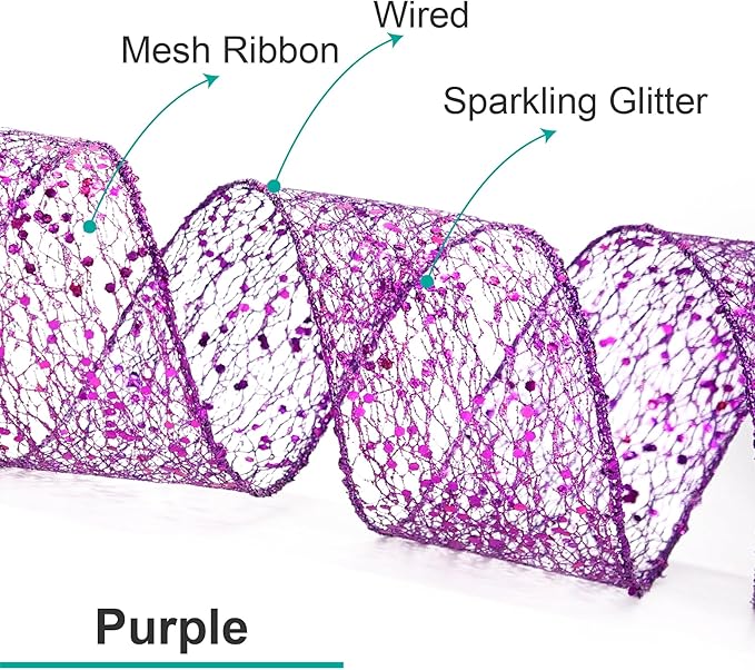 CT CRAFT LLC Sparkling Glitter Mesh Wired Ribbon 4" x 10 Yards Purple for Christmas Home Decor Bow Gift Wrapping DIY Crafts Wreath