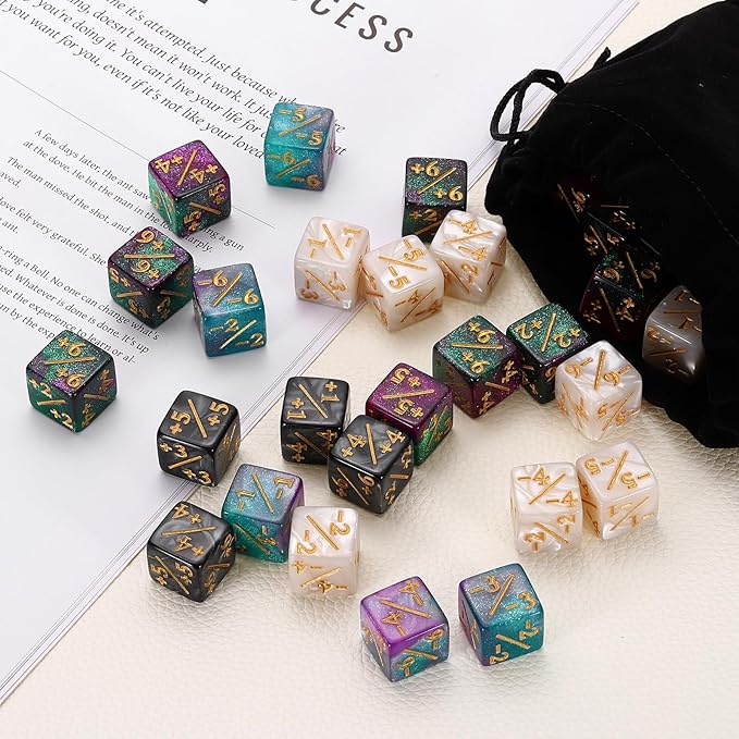 uxcell 48Pcs Magic Dice Counters, Acrylic D6 Life Token Dice Set with Pouch for Standard Cards Gaming Accessories, White, Black, Red & Black, Green & Black