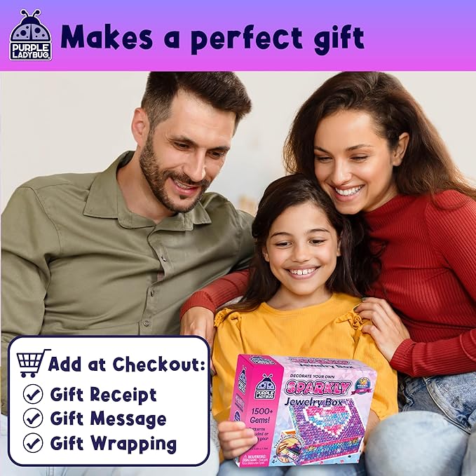 PURPLE LADYBUG Sparkly DIY Wooden Jewelry Box Craft for Girls 8-12 with 1500+ Non-Toxic Gems - Christmas & Birthday Gift for 4 5 6 7 8 9 10 11 12 Girl, Girls Toys 8-10 - Mosaic Mermaid Unicorn Design