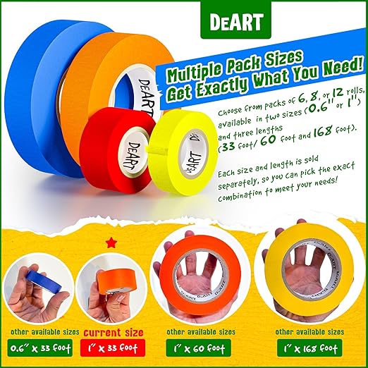 DEART Masking Tape 8 or 12 Pack 1 inch Colored Painters Tape for Arts & Crafts Labeling or Coding, Kids Art Supplies Color Tape Rolls, Craft Tapes Colorful Masking Tape (12)