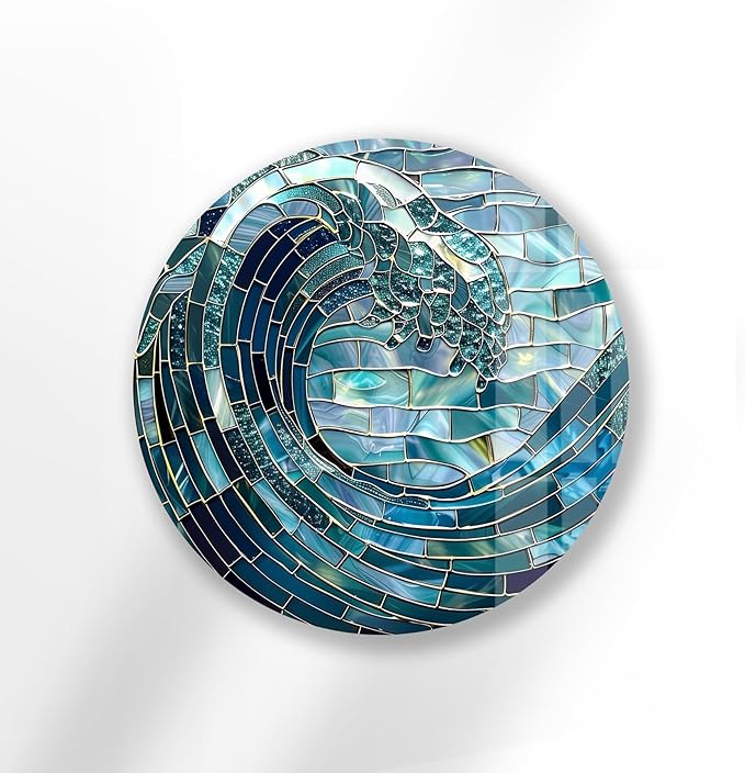 My Photostation.com 24''(60cm) Diameter Ocean Wave in Blue Mosaic Round Glass Wall Art Tempered Glass Printing Wall Decor Large Wall Art Wall Hangings