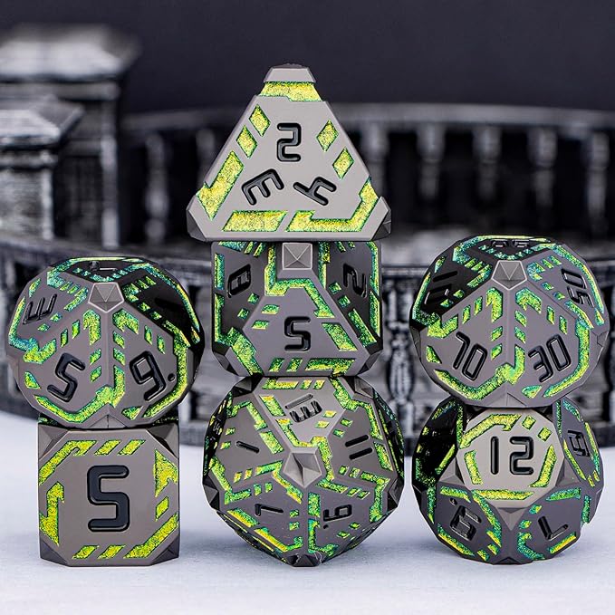 Metal DND Sci-fi Dice Set 7PCS Stripe Polyhedral Dice for Dungeons Dragons RPG Role Playing Game, Glitter D and D Dice with Gift Box D6 D8 D10 D12 D20 (Black&Green Yellow)