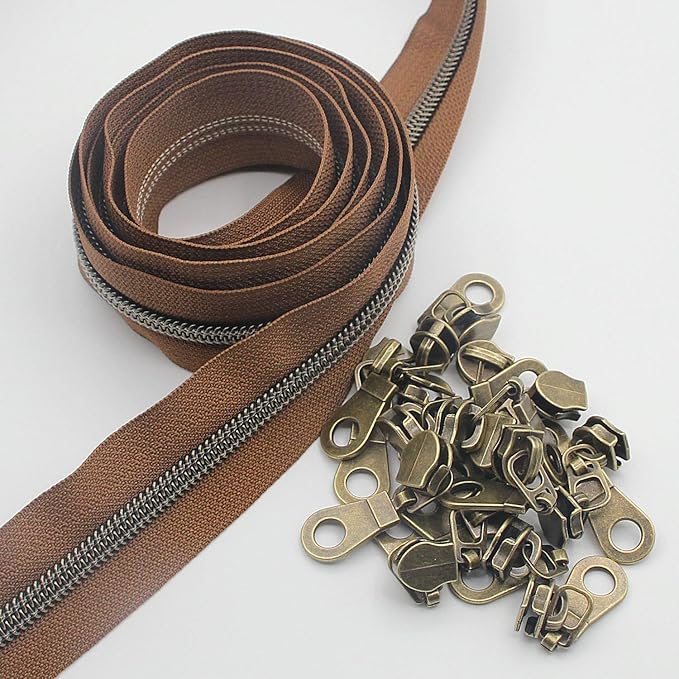 Leekayer #5 Antique Brass Metallic Nylon Coil Zippers by The Yard Bulk 10 Yards (Brown Tape with 25pcs Brass Sliders for DIY Sewing Tailor Craft Bag(Brown)